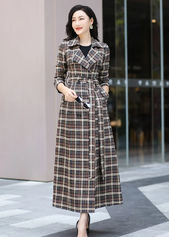 elegant coats for women -women's work blouses -Classic Plaid Pattern Double Breasted Maxi Trench Coat