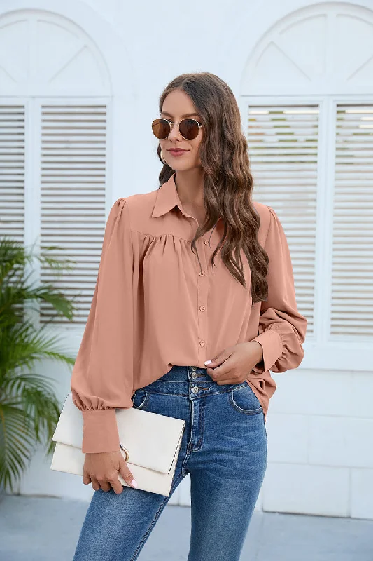 floral chiffon blouses for women -Puff Sleeve Collared Neck Shirt