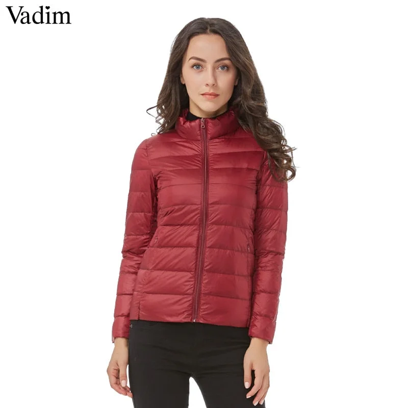 ultra-light jackets for women -sheer tops for women -Vadim candy colors Ultra Light duck down coats basic winter jacket women Slim solid stand collar long sleeve outerwear ZC073