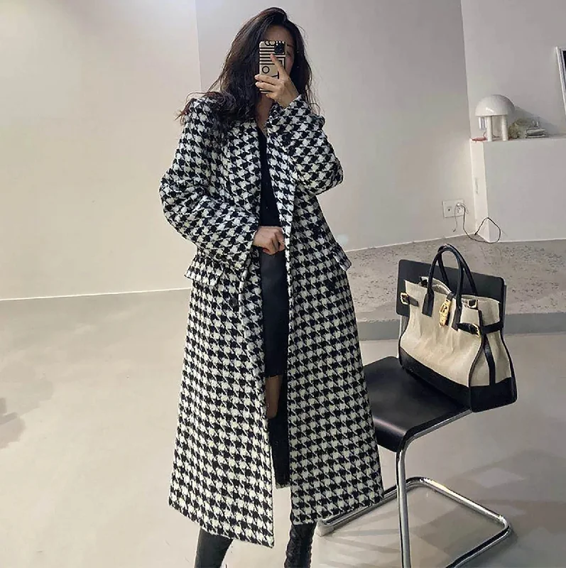 turtleneck coats for women -sexy tops for women -Black White Houndstooth Double Breasted Wool Blend Long Coat