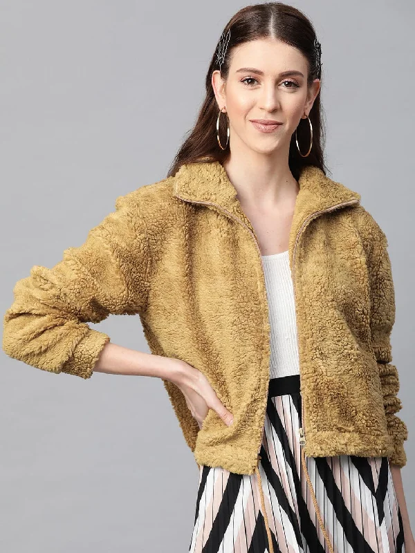 business casual coats for women -everyday tops for women -Mustard Drawstring Faux Fur Jacket