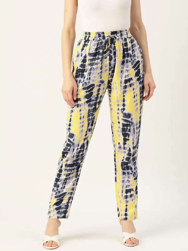 women's chino pants -lace-up tops for women -Women Black & Yellow Printed High-Rise Trousers