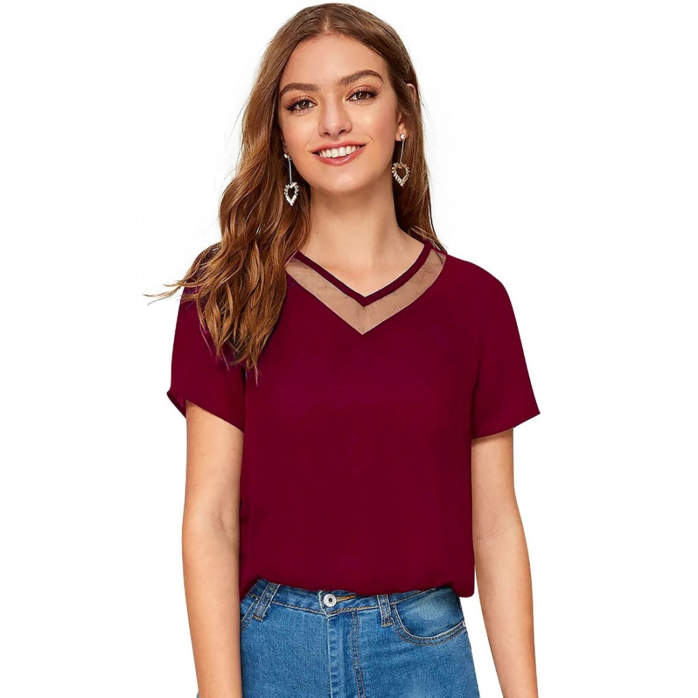 casual oversized tops for women -Generic Women's Polyester, Knitting Western Wear T-Shirt (Maroon)