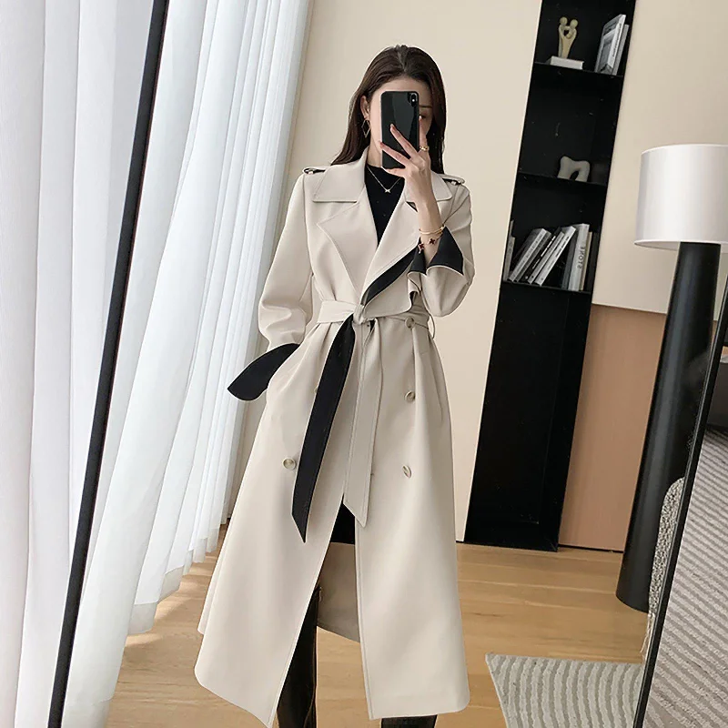 fleece jackets for women -loose fit women's tops -Beige Belted Two-Tone Trench Coat