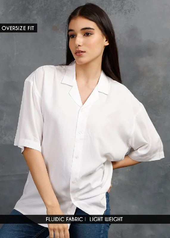 trendy crop tops for women -Solid Womens Fluidic Oversized Shirt - White