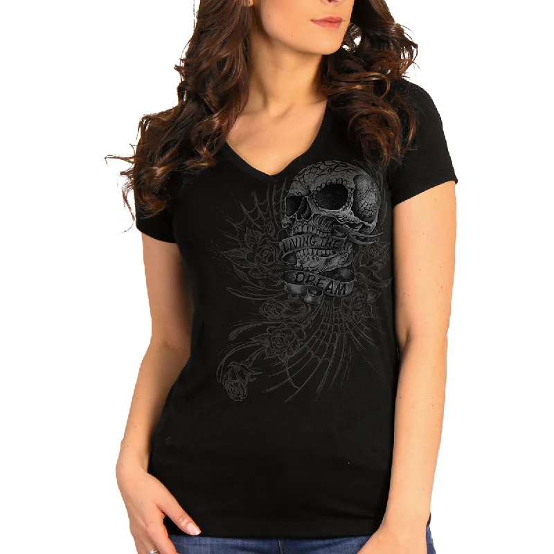 embroidered tops for women -Hot Leathers GLC1565 Ladies Black Sweet Demise V-Neck Shirt