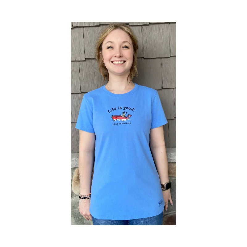 soft fabric tops for women -Life Is Good Women's Lake Champlain Exclusive Cruiser Tee - Cornflower Blue