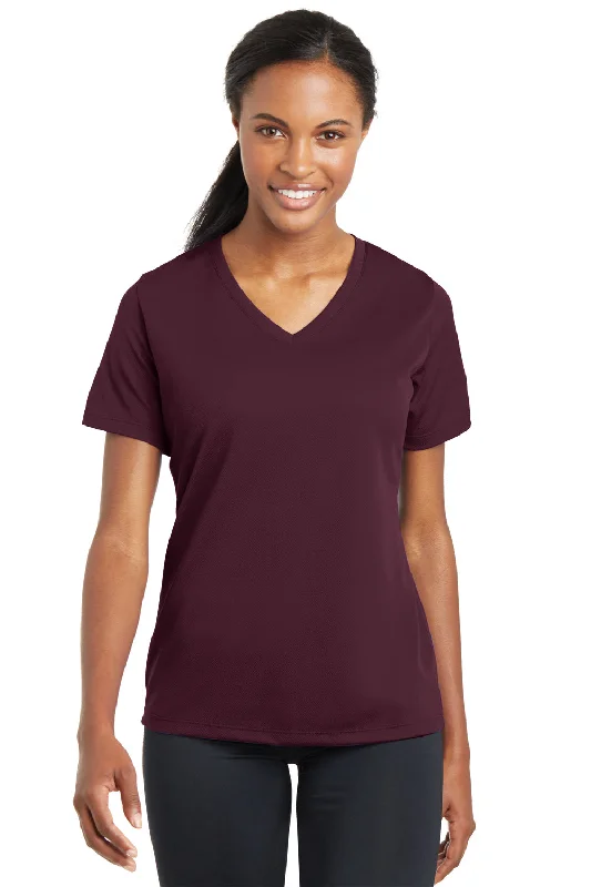 casual women's tops -Sport-Tek Womens RacerMesh Moisture Wicking Short Sleeve V-Neck T-Shirt - Maroon - Closeout