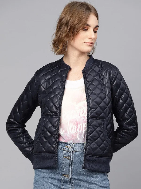 longline coats for women -short sleeve tops for women -Navy Quilted Bomber Jacket