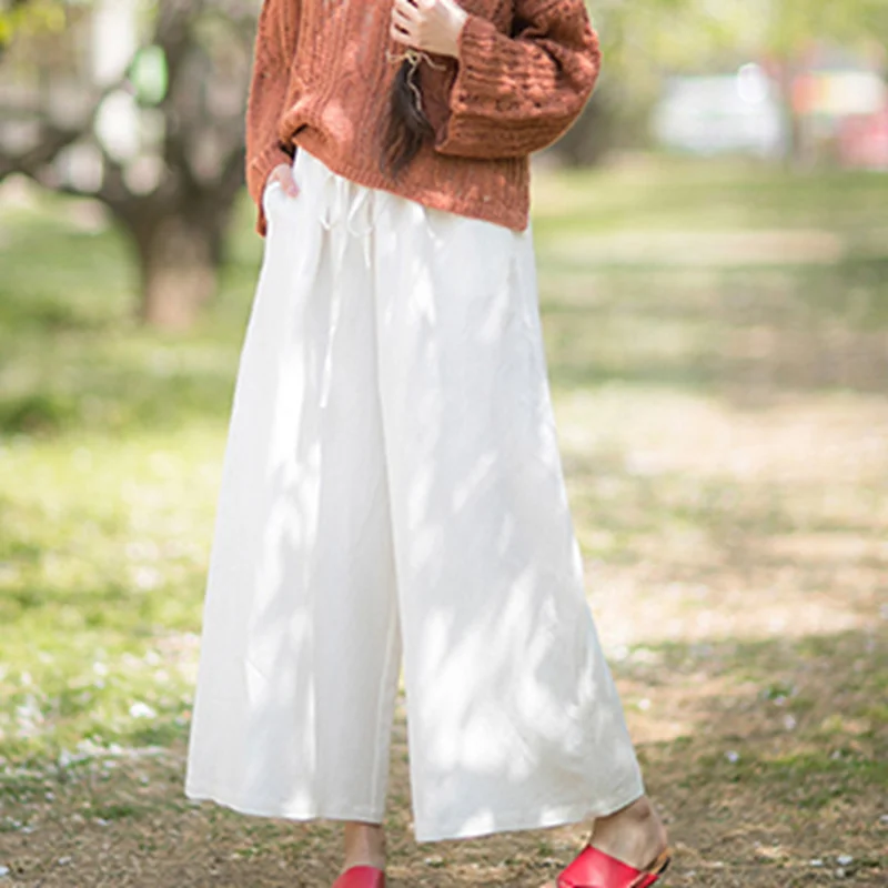 summer pants for women -chiffon blouses for women -Women White Linen Elastic Waist Wide Leg Pants