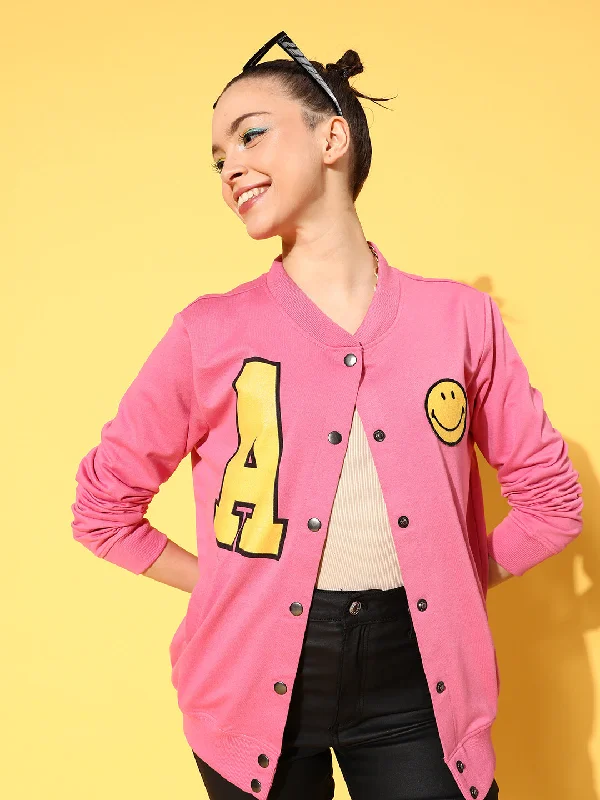 elegant evening coats for women -high-neck tops for women -Women Pink Terry Smiley Patch Printed Varsity Jacket