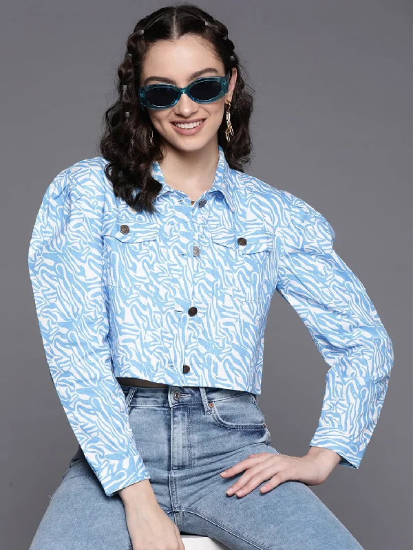 formal coats for women -lightweight women's tops -Women Blue Abstract Print Twill Crop Jacket