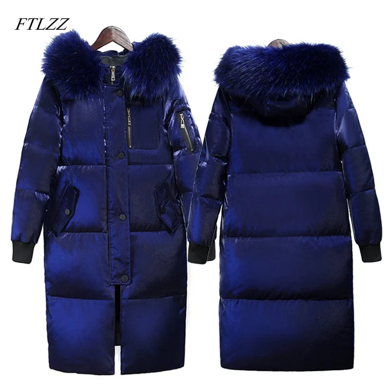 stylish outerwear for ladies -soft touch blouses for women -FTLZZ Winter Long Down Jacket Women Big Fur Collar Hooded White Duck Down Long Parkas Coat Female Slim Snow Outerwear