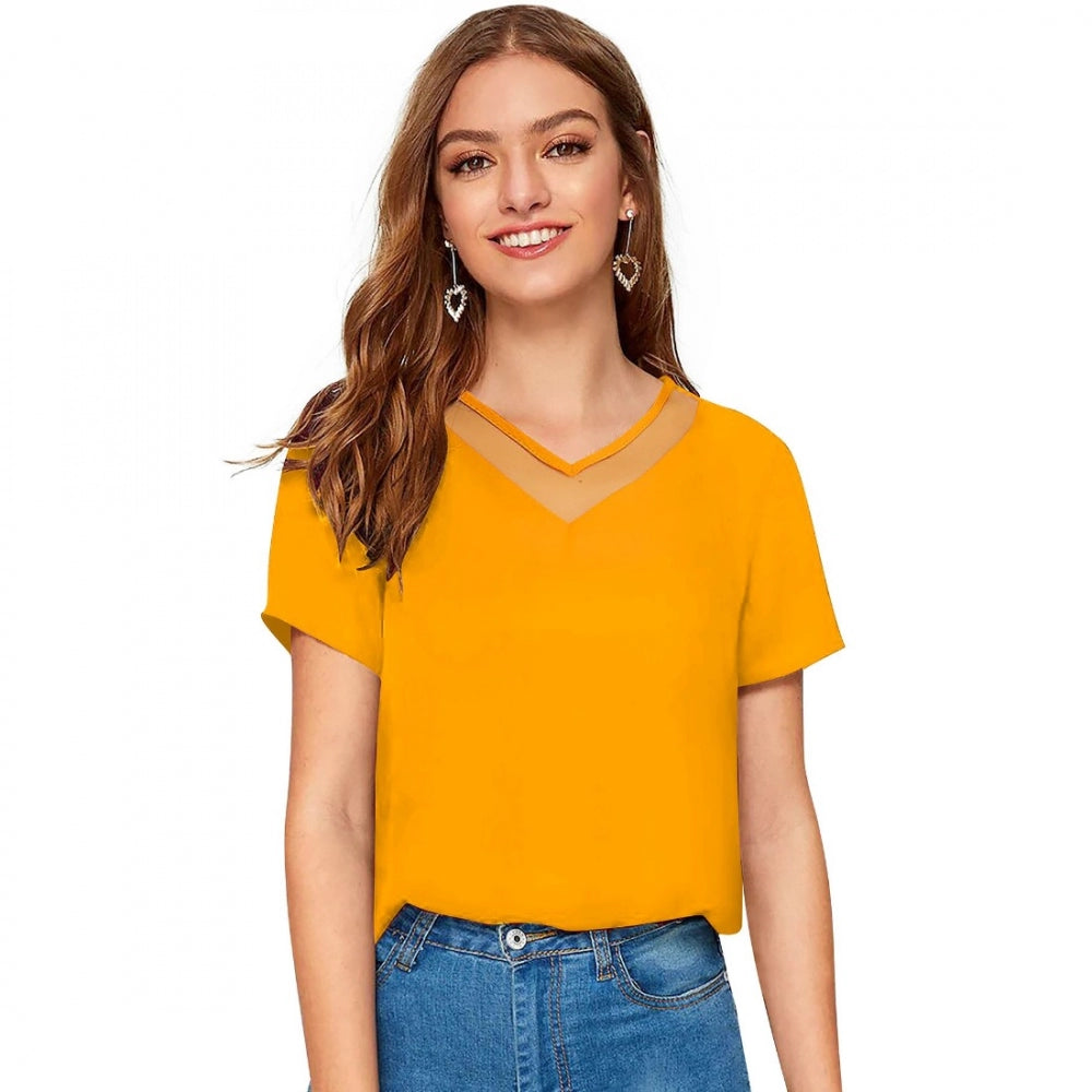 unique tops for women -Generic Women's Polyester, Knitting Western Wear T-Shirt (Yellow)