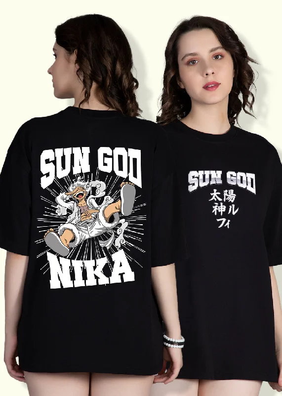 lightweight summer tops for women -Sun God Printed Black Oversized T-shirt For Womens | Pronk