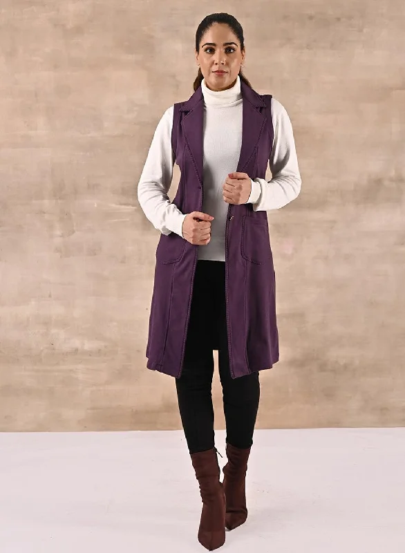 thick winter coats for women -women's mesh tops -Purple Sleeveless Trench Coat with Notch Collar