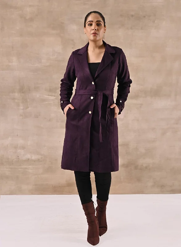 eco-friendly coats for women -women's silk tops -Purple Full Sleeve Tie Belt Trench Coat