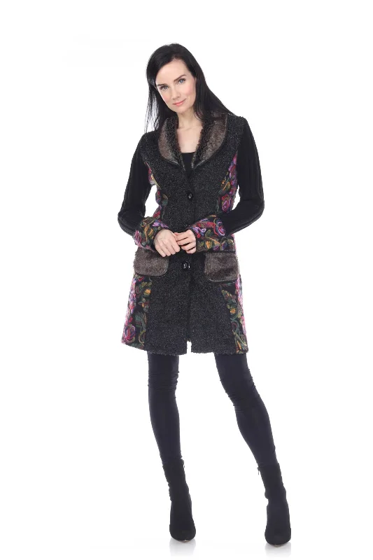 stylish jackets for women -women's cotton t-shirts -Floral Embroidered Faux Fur Collar Coat