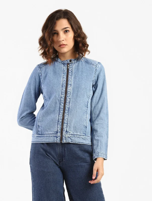 asymmetrical coats for women -wool tops for women -Women's Solid Band Neck Denim Jacket