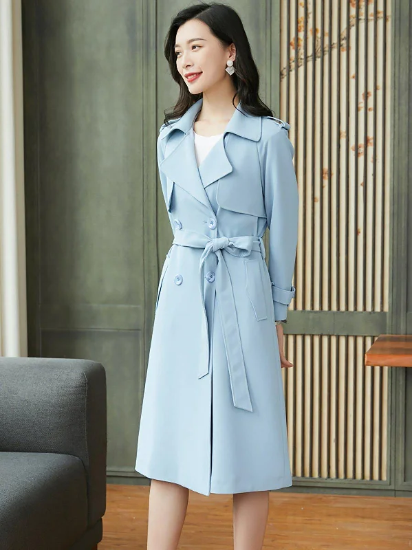 patchwork coats for women -casual loose blouses for women -Light Blue Epaulet Double Breasted Trench Coat