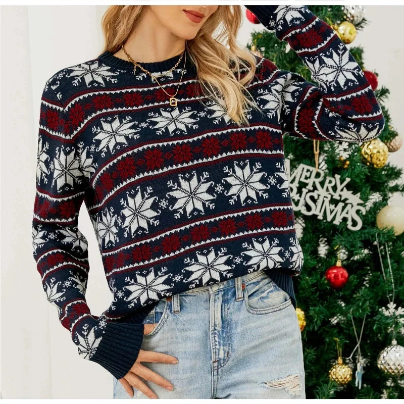 fitted blouses for women -Snowflake Jacquard Christmas Party Knitted Sweater