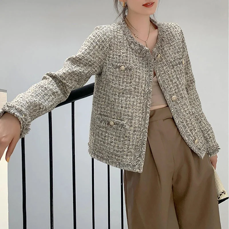 soft wool coats for women -women's chiffon tunics -Tassel Front Button Tweed Short Jacket