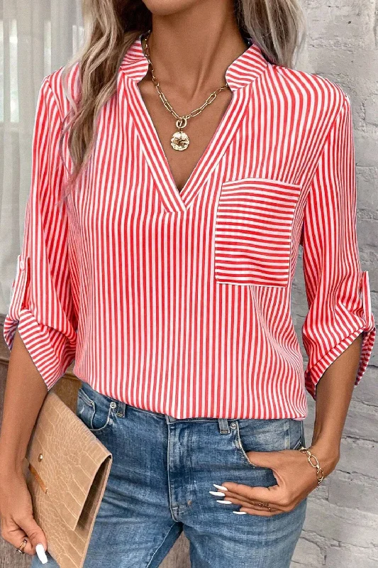 trendy women's shirts -Striped Notched Roll-Tab Sleeve Shirt