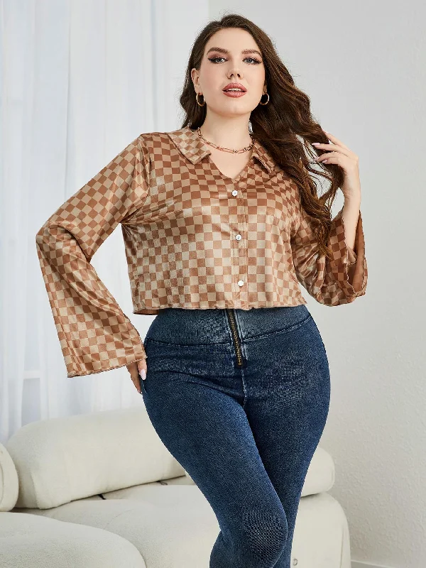 cold shoulder tops for women -Plus Size Checkered Johnny Collar Flare Sleeve Shirt