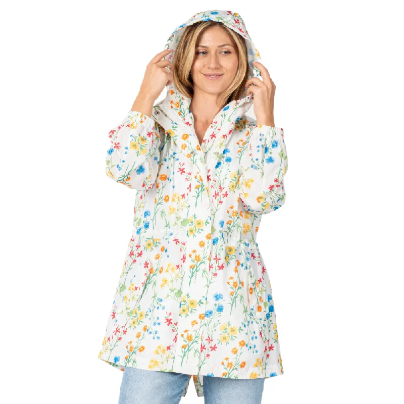 classic pea coats for women -warm tops for women -White Floral Hooded Drawstring Raincoat