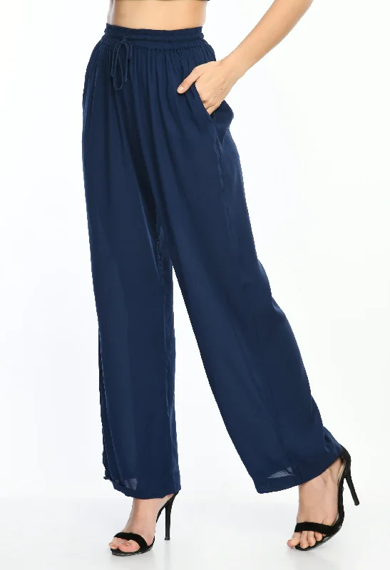 women's elastic waist pants -lightweight women's tops -Navy Viscose Trousers