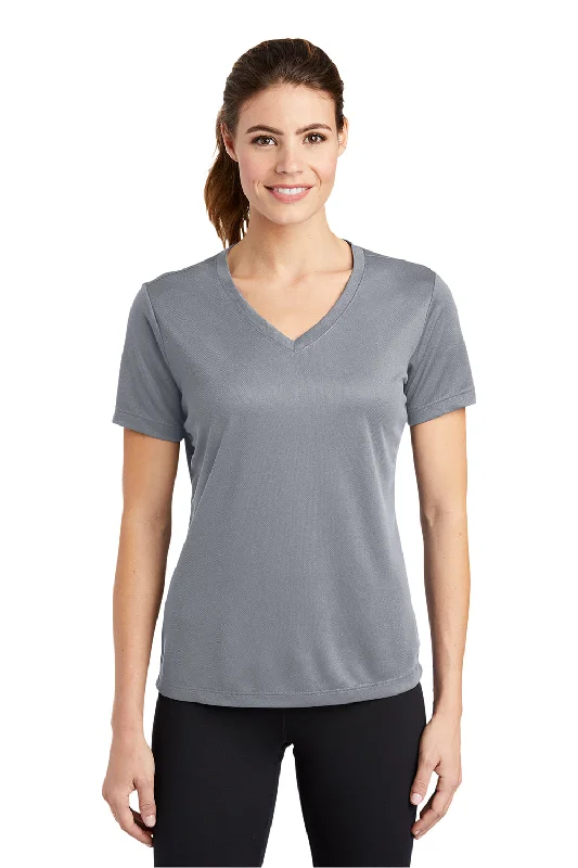 women's cotton t-shirts -Sport-Tek Womens RacerMesh Moisture Wicking Short Sleeve V-Neck T-Shirt - Silver Grey