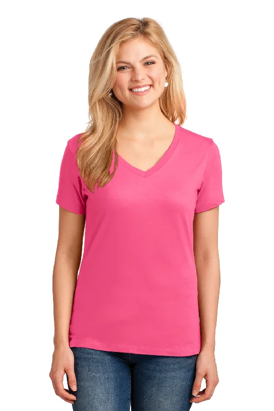 embroidered tops for women -Port & Company Womens Core Short Sleeve V-Neck T-Shirt - Neon Pink