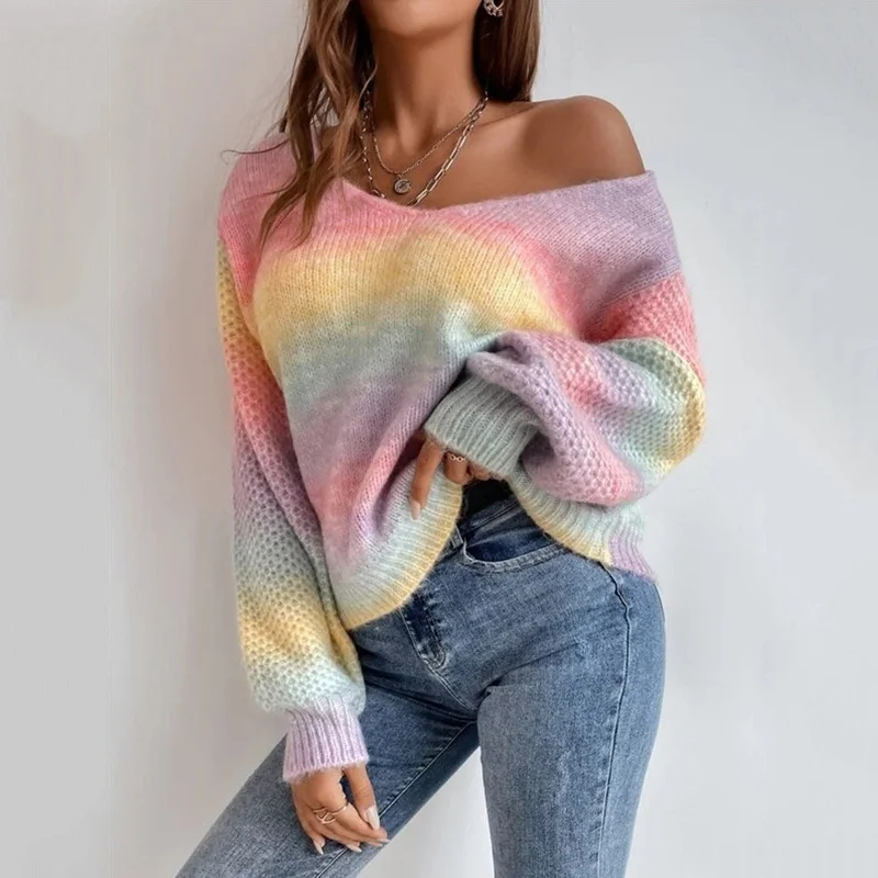 stylish tops for ladies -DressBetty - Rainbow Oversized Warm Sweater