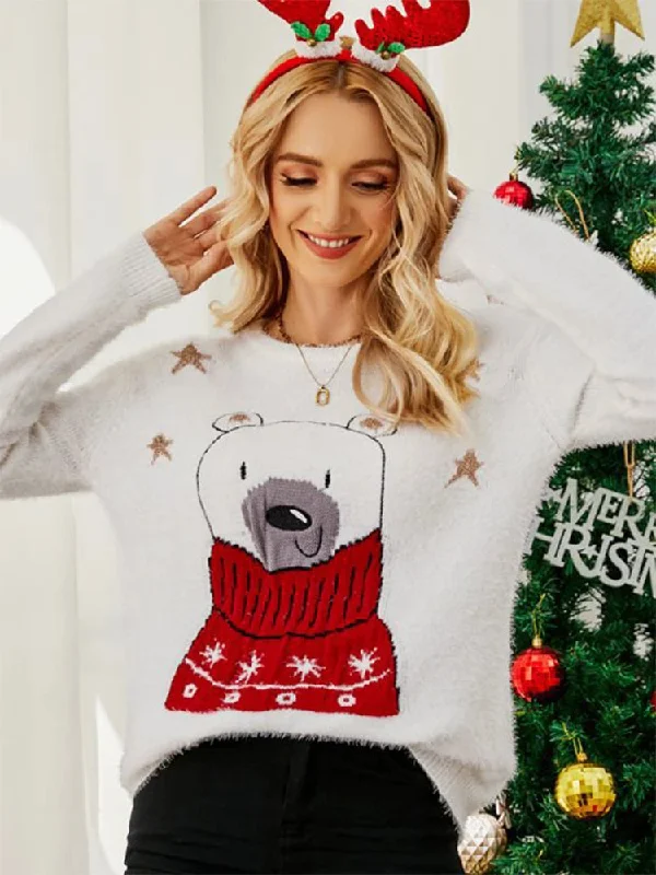 longline tops for women -Christmas Cartoon Bear Embroidery Holiday Sweater