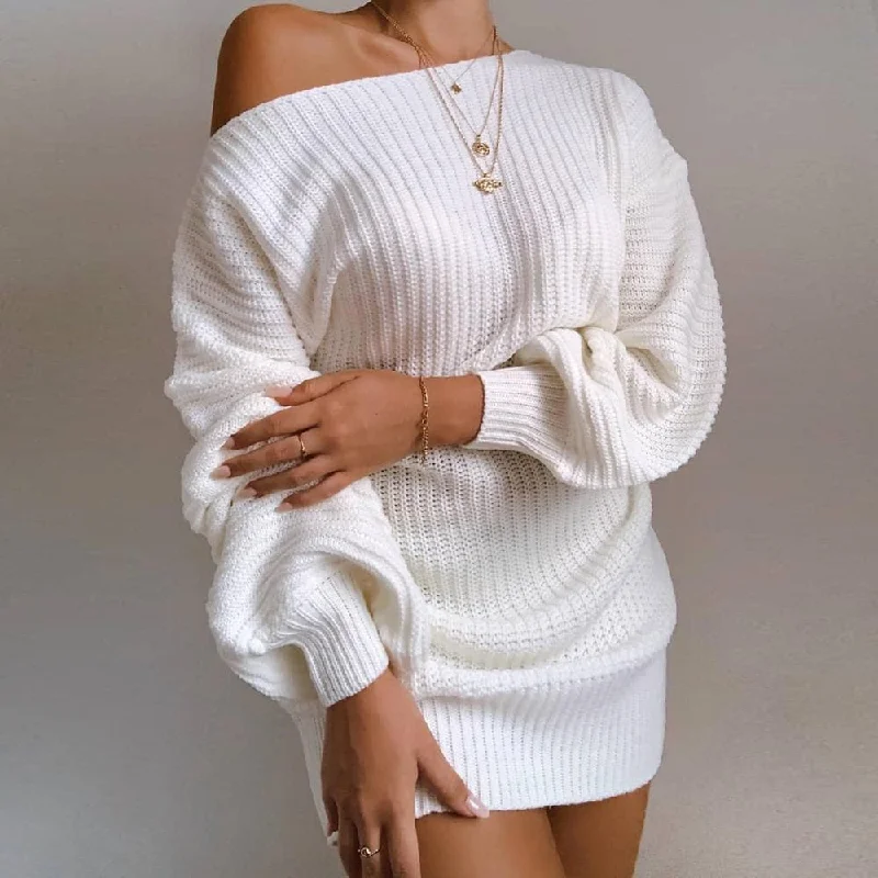 women's silk tops -DressBetty - Off-shoulder Lantern Sleeve Knitted Sweater Dress