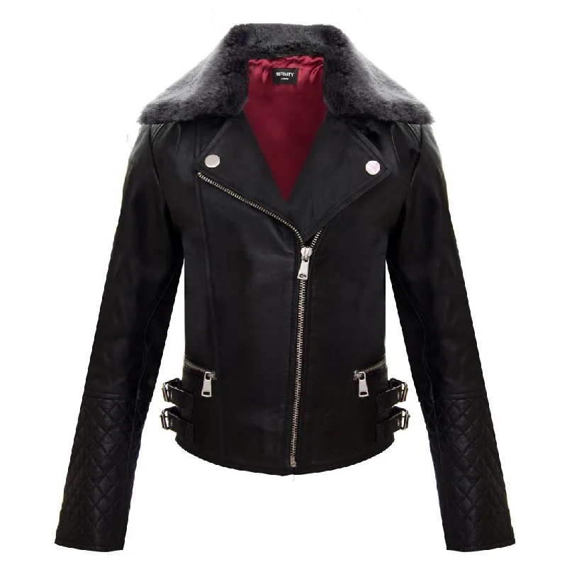 classic trench coats for women -sleeveless blouses for work -Girls Kids Real leather Biker Style Jacket Cross Zip Black Fur Collar Age 1 - 13