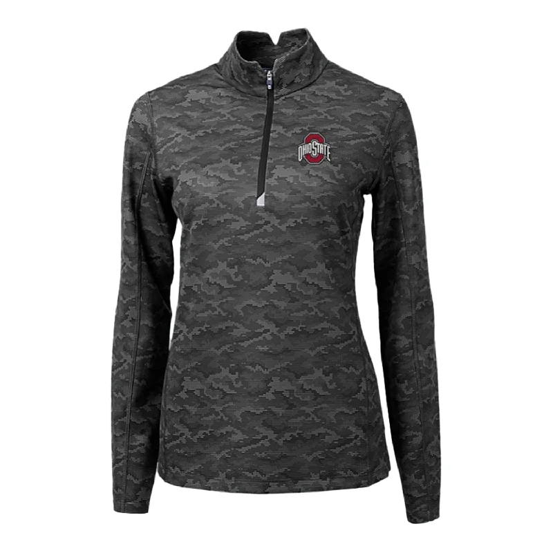 color block jackets for women -tie-front tops for women -Ladies Ohio State Buckeyes Cutter & Buck Traverse Stretch Black Camo 1/4 Zip Jacket