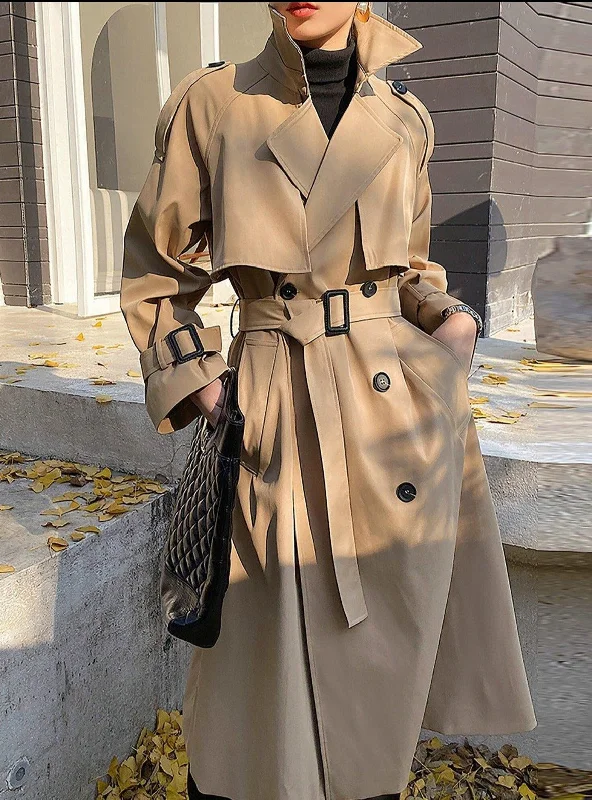 luxury winter coats for women -women's knitted sweaters -Khaki Storm Flap Double Breasted Trench Coat