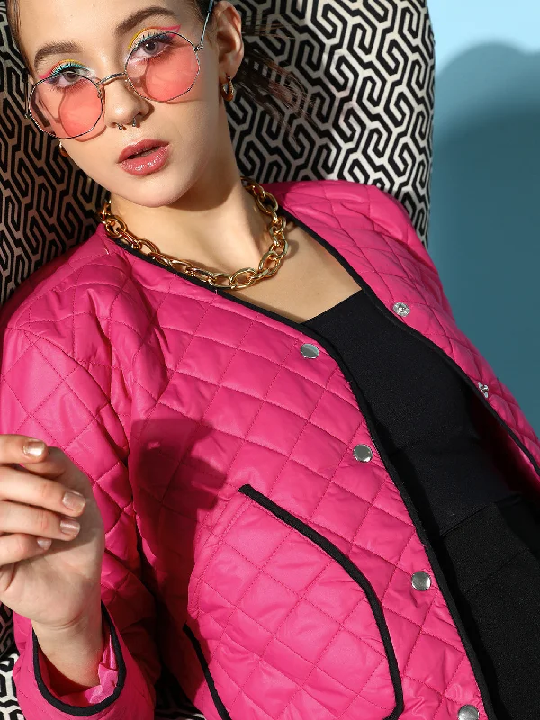 women's puffer jackets -floral print blouses for women -Women Fuchsia Piping Detail Quilted Jacket