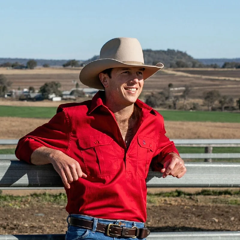 women's v-neck shirts -Red Half Button - Mid Weight