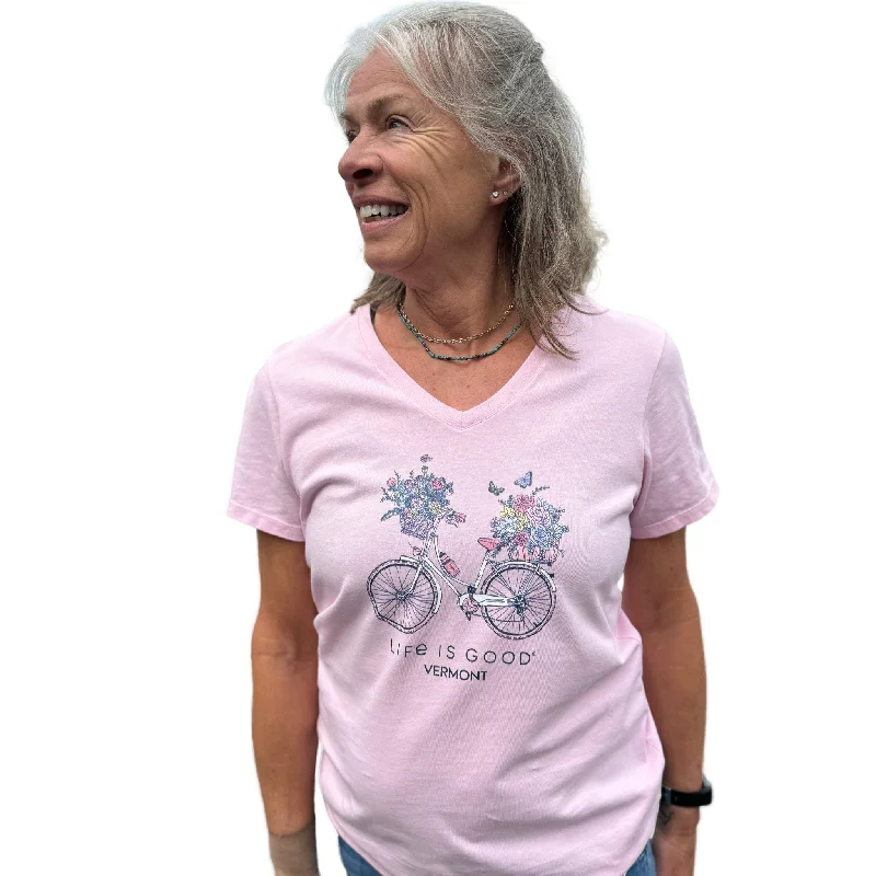 stylish tops for ladies -Life Is Good Women's Vermont Exclusive Bike Tee - Seashell Pink