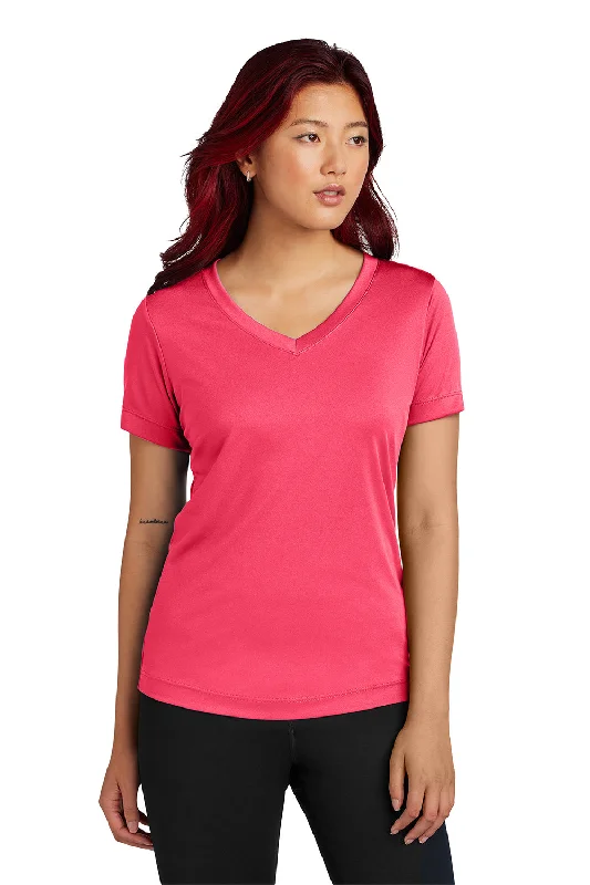 women's halter tops -Sport-Tek Womens Competitor Moisture Wicking Short Sleeve V-Neck T-Shirt - Hot Coral Pink