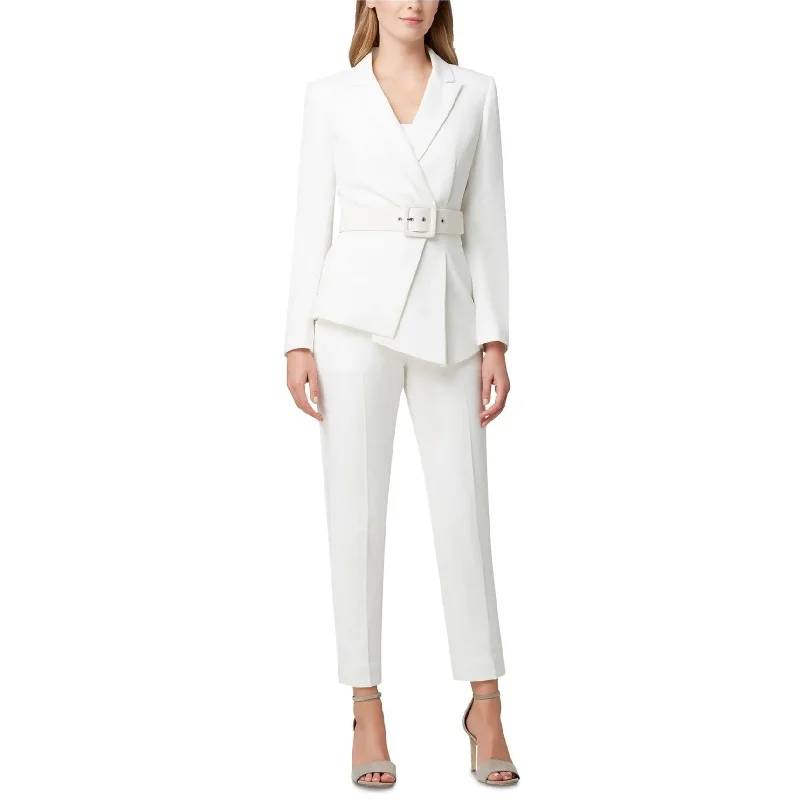 glossy puffer jackets for women -ruched tops for women -Tahari Womens Pleated-Blazer Pant Suit, Off-White, 18