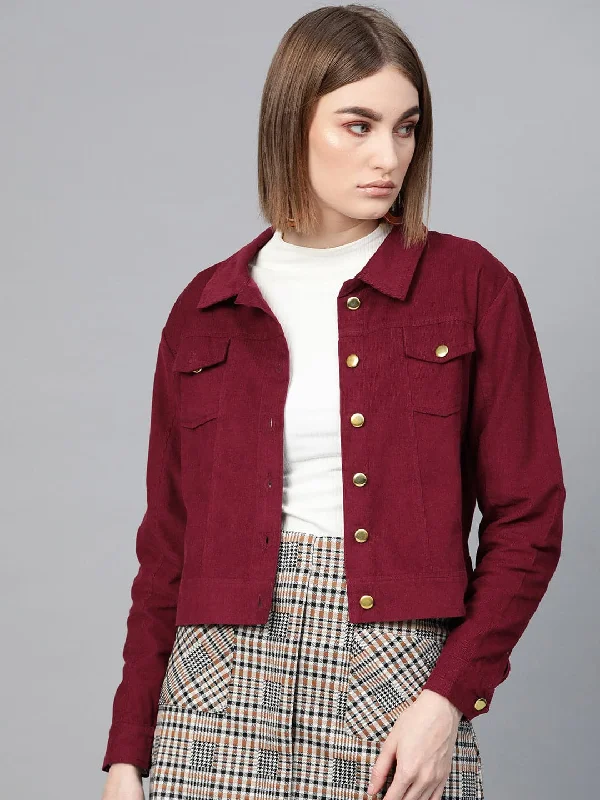 stylish blazers for women -chiffon blouses for women -Maroon Corduroy Bomber Jacket