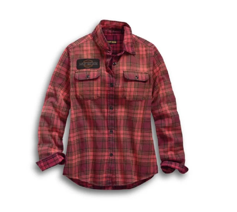 bell sleeve tops for women -Harley-Davidson® Women's Laser Cut Logo Plaid Shirt - 99123-19VW