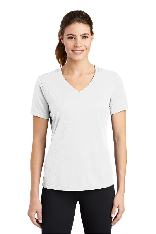 high-neck tops for women -Sport-Tek Womens RacerMesh Moisture Wicking Short Sleeve V-Neck T-Shirt - White