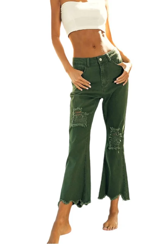 fleece-lined pants for women -women's pleated tops -Women's Distressed Pants In Vintage Olive