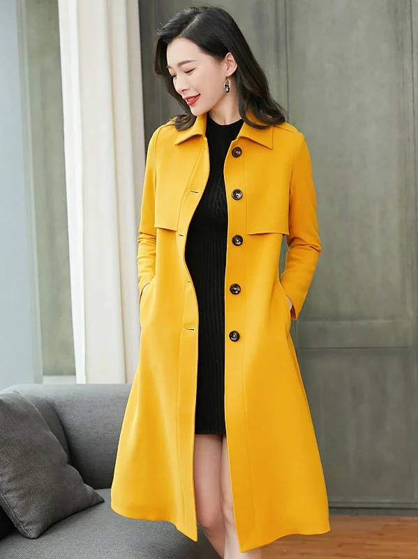 asymmetrical coats for women -wool tops for women -Custom Single Breasted Button Yellow Trench Coat