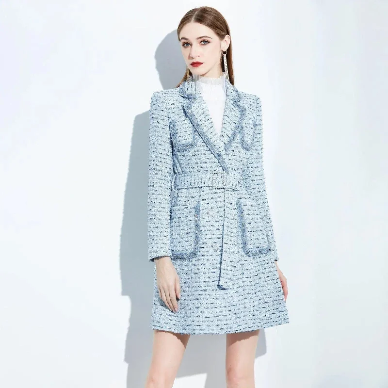 asymmetrical coats for women -wool tops for women -Utility Pocket Belted Thigh-Length Tweed Coat