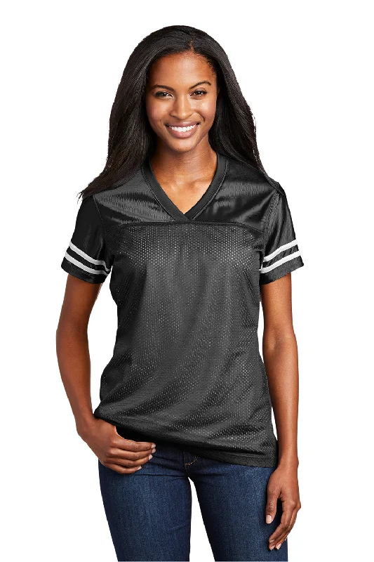 cold shoulder tops for women -Sport-Tek Womens Short Sleeve V-Neck T-Shirt - Black/White